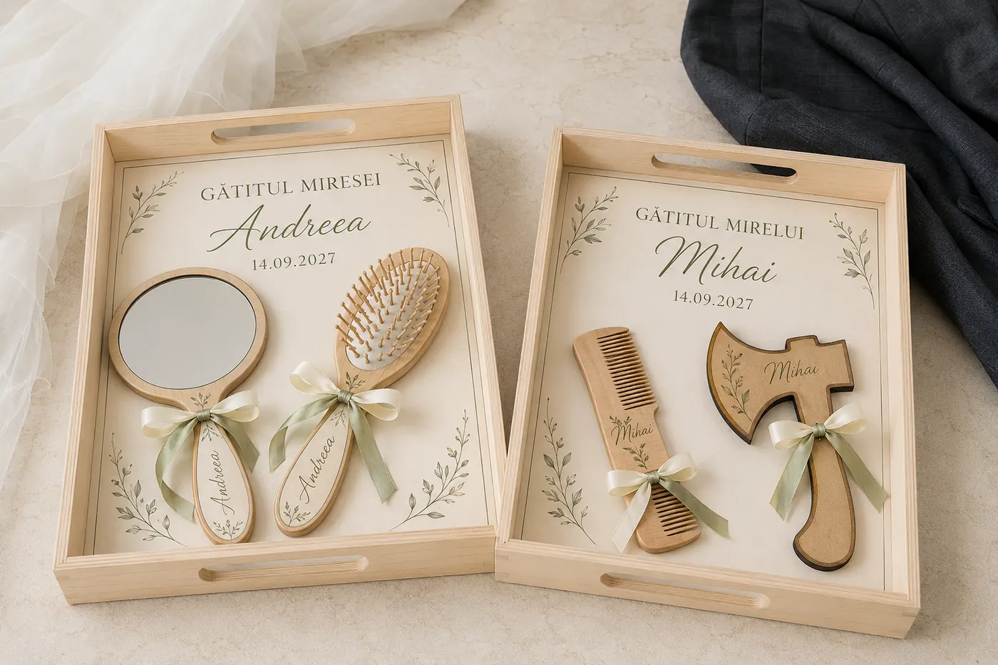 Accesorii personalizate pentru pregătirea mirilor